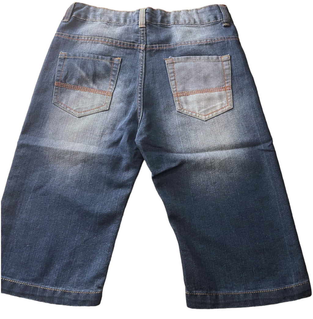 Boys Blue Contrast Threading Stone Washed Whisker 3/4 Denim Shorts