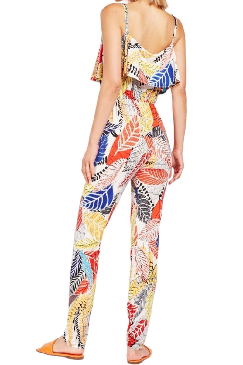 Ladies Multi Color Leaf Print Overlay Adjustable Strap Stretchy Jumpsuits