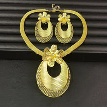 Load image into Gallery viewer, Ladies Gold Big Oval Overlayer Cutout Floral Pendant Thick Chain &amp; Earring Set
