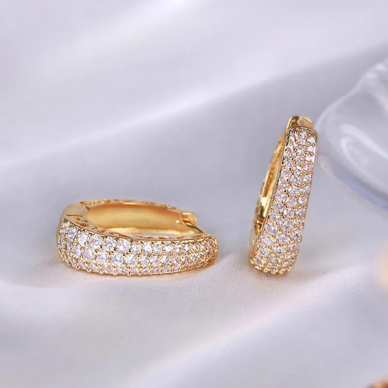 Ladies Girls Luxury Gold Plated Paved Dazzling CZ Stone Creole Huggie Earrings