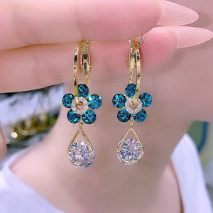 Ladies Purple Blue Crystal Flower Waterdrop Dangle Earrings