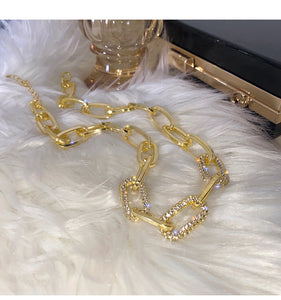 Ladies Gold Silver Thick Rectangular Link Chain Crystal Choker Necklace
