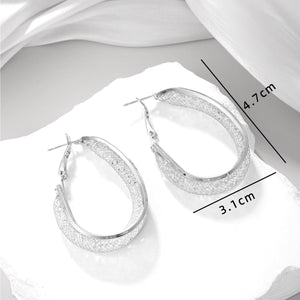 Ladies Silver Oval Chunky Mesh Layered Inner Crystals Hoop Earrings