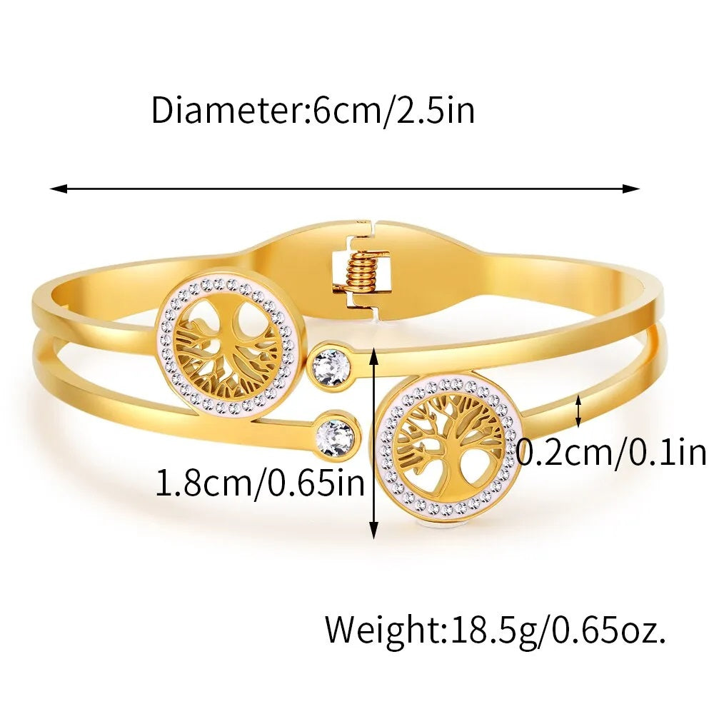 Ladies Gold Luxury Stainless Steel Tree of Life Cubic Zircon Lucky Cuff Bracelet