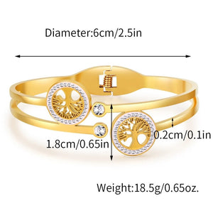 Ladies Gold Luxury Stainless Steel Tree of Life Cubic Zircon Lucky Cuff Bracelet