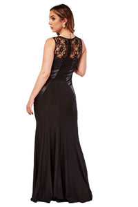 Ladies Black Beaded Front Lace Insert Maxi Prom Wedding Evening Dress