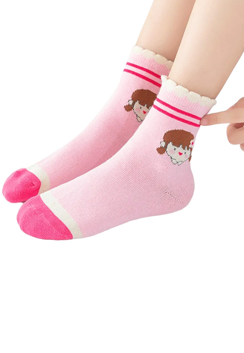 Girls Pink Multi Cherry Bunny Print No Seam Cuffs Pack of 5 Ankle Socks