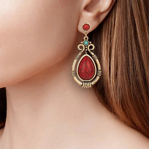 Ladies Ethnic Retro Tibetan Red Turquoise Water Drop Earrings