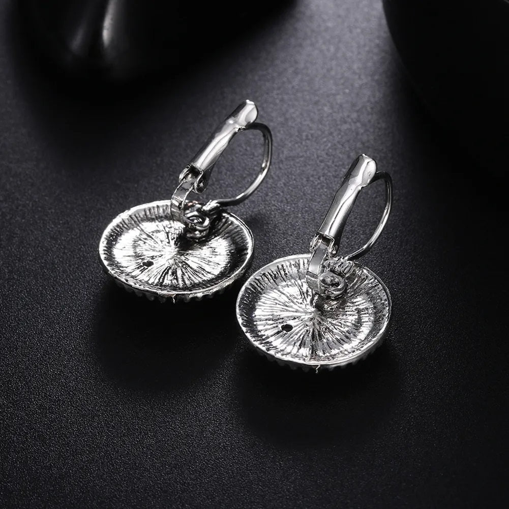 Ladies Tibetan Silver Plated Black Stone Bohemian Carved Vintage Hook Earrings