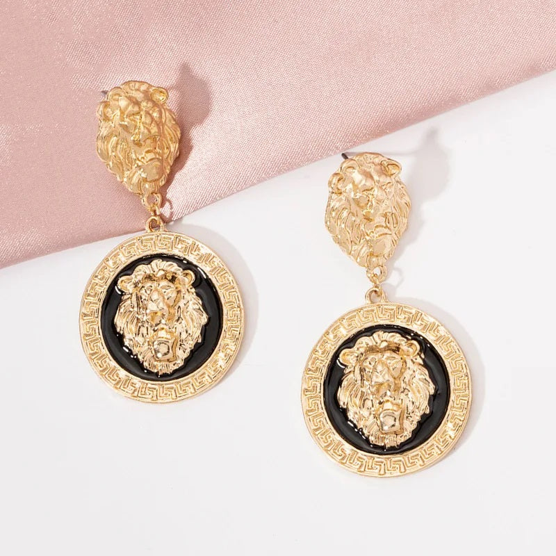 Ladies Round 18K Gold Plated Embossed Lion Head Dangling Earrings