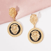 Load image into Gallery viewer, Ladies Round 18K Gold Plated Embossed Lion Head Dangling Earrings

