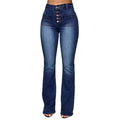 Ladies Blue Buttoned Front Stretchy Denim Straight Leg Jeans