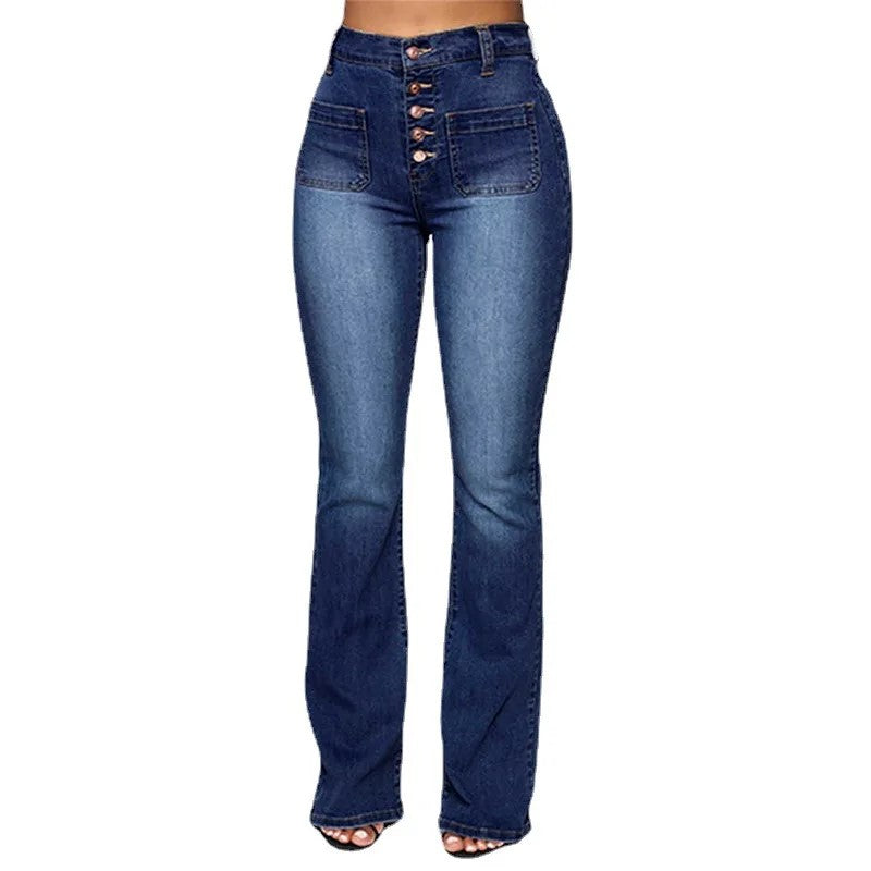 Ladies Blue Buttoned Front Stretchy Denim Straight Leg Jeans