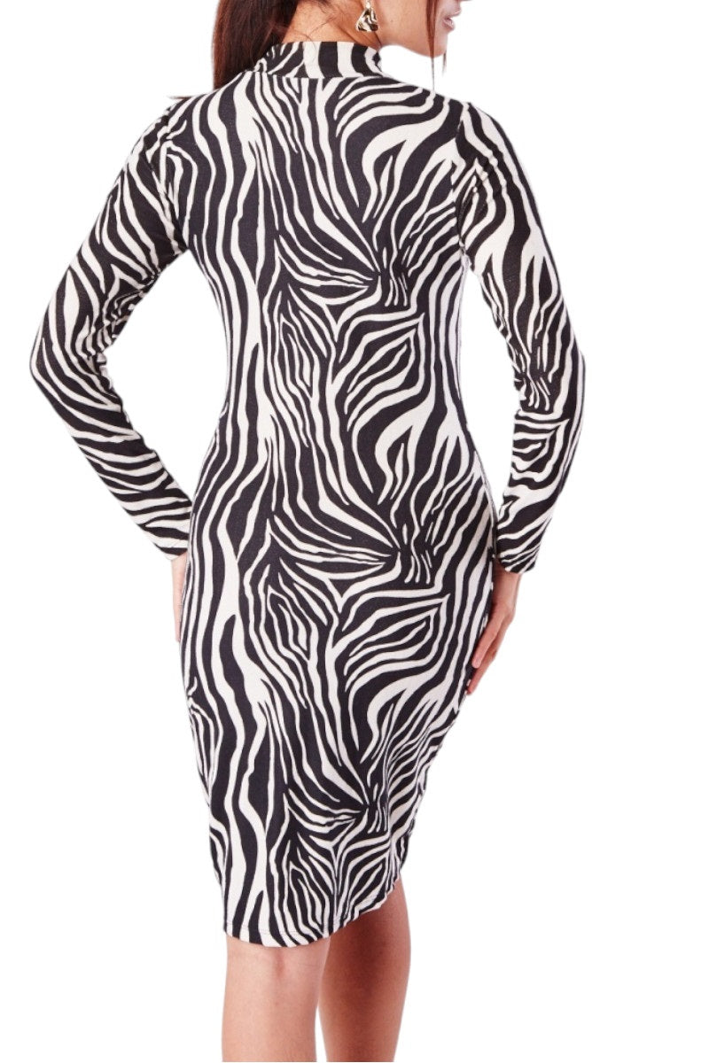 Ladies Black Cream Zebra Print High Neck Long Sleeve Dress