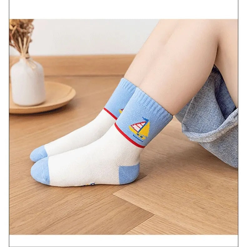 Boys Blue Soft Stripe Sailboat Print 5 Pairs Ankle Socks 4-8y