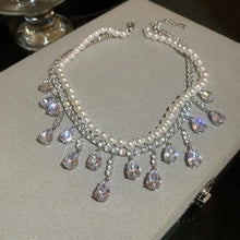 Load image into Gallery viewer, Ladies Silver Rhinestones Drop Crystals Choker Multi Layer Pearl 2Tier Necklaces
