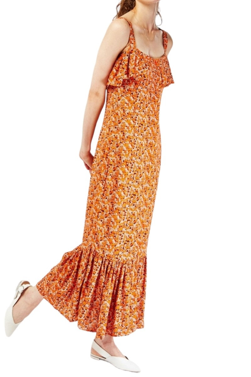 Ladies Brown & Orange Ditsy Floral Overlay Sleeveless Frill Hem Maxi Dress