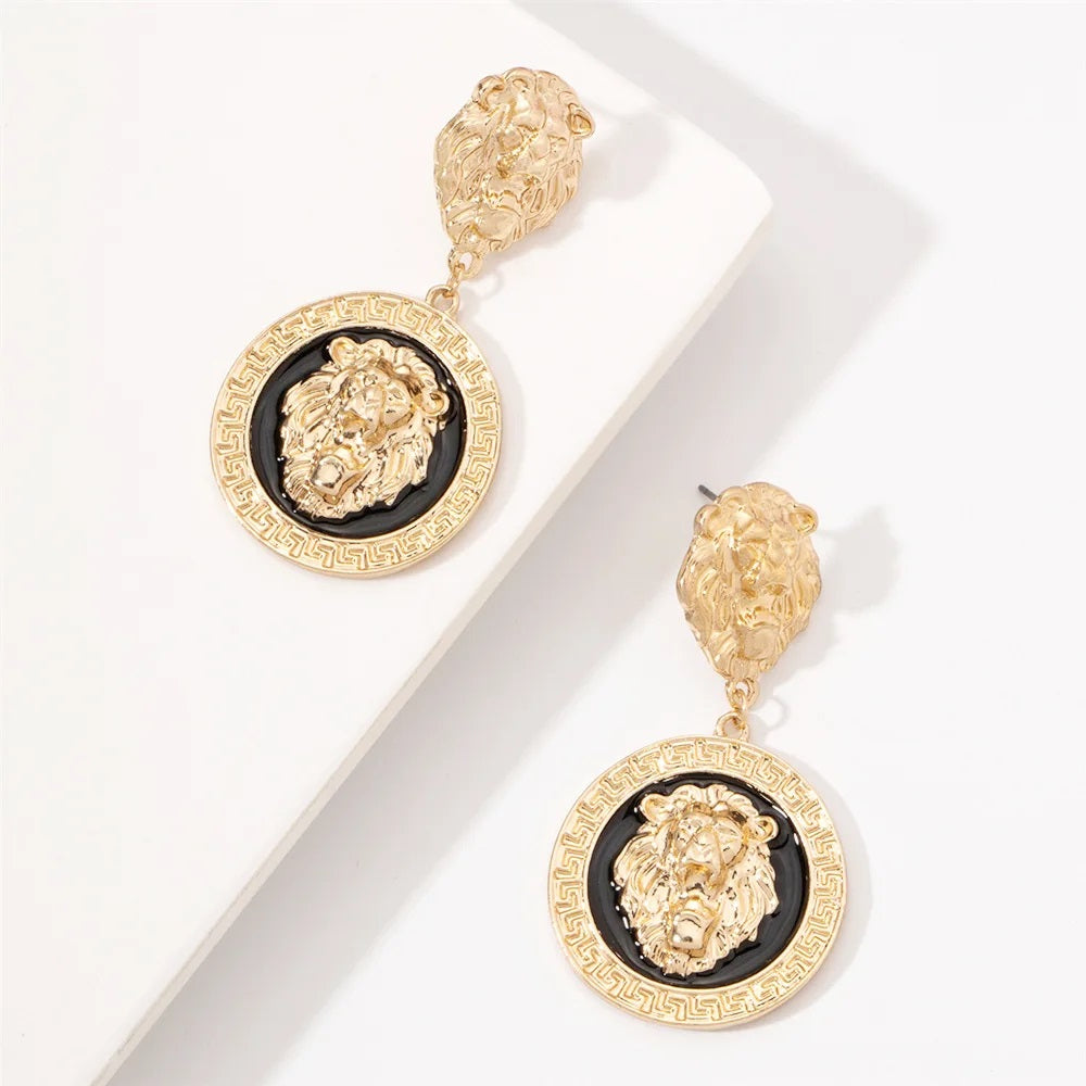 Ladies Round 18K Gold Plated Embossed Lion Head Dangling Earrings