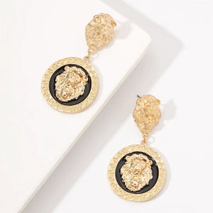 Ladies Round 18K Gold Plated Embossed Lion Head Dangling Earrings