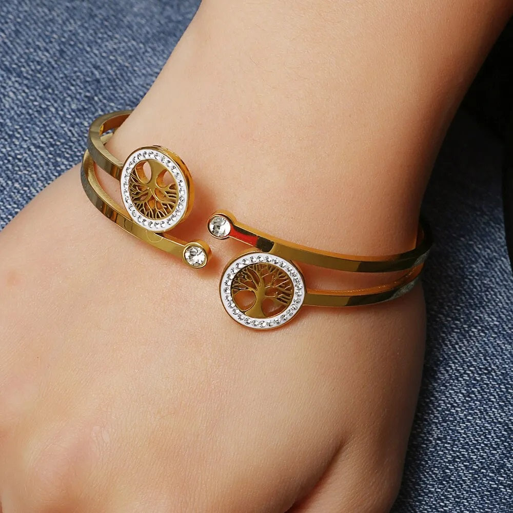 Ladies Gold Luxury Stainless Steel Tree of Life Cubic Zircon Lucky Cuff Bracelet