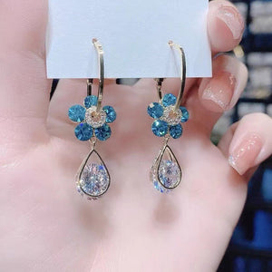 Ladies Purple Blue Crystal Flower Waterdrop Dangle Earrings