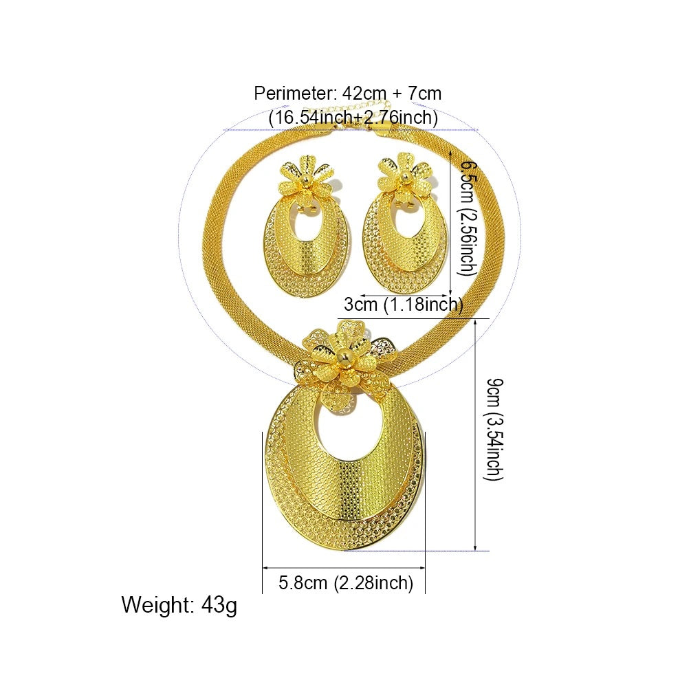 Ladies Gold Big Oval Overlayer Cutout Floral Pendant Thick Chain & Earring Set