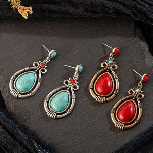 Ladies Ethnic Retro Tibetan Red Turquoise Water Drop Earrings