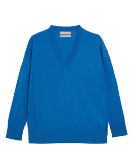 Ladies Blue Pure Cotton Wide Ribbed V-Neck Jumpers