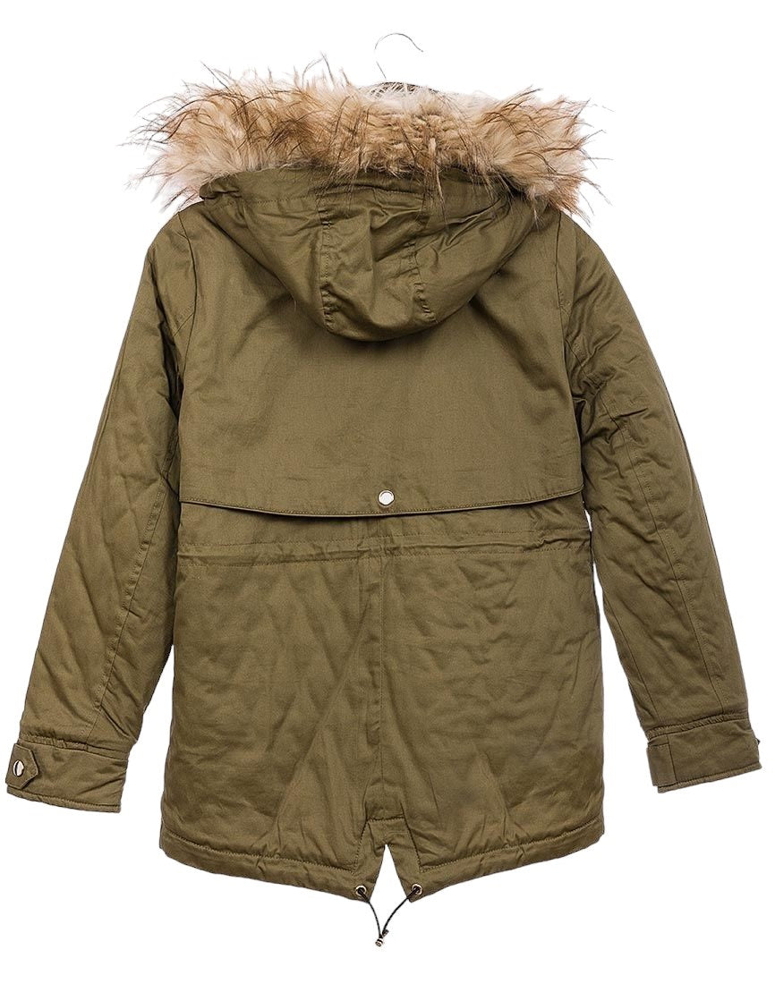 Girls Olive Green Detachable Furry Trim Hood Parka School Jacket Winter Coats