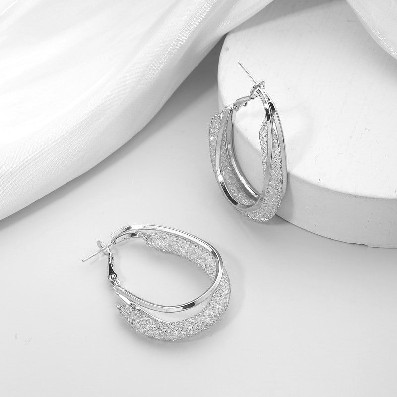 Ladies Silver Oval Chunky Mesh Layered Inner Crystals Hoop Earrings