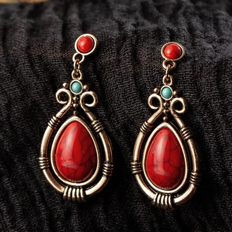 Ladies Ethnic Retro Tibetan Red Turquoise Water Drop Earrings