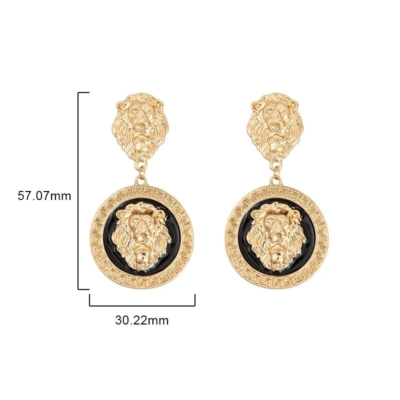 Ladies Round 18K Gold Plated Embossed Lion Head Dangling Earrings