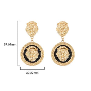 Ladies Round 18K Gold Plated Embossed Lion Head Dangling Earrings