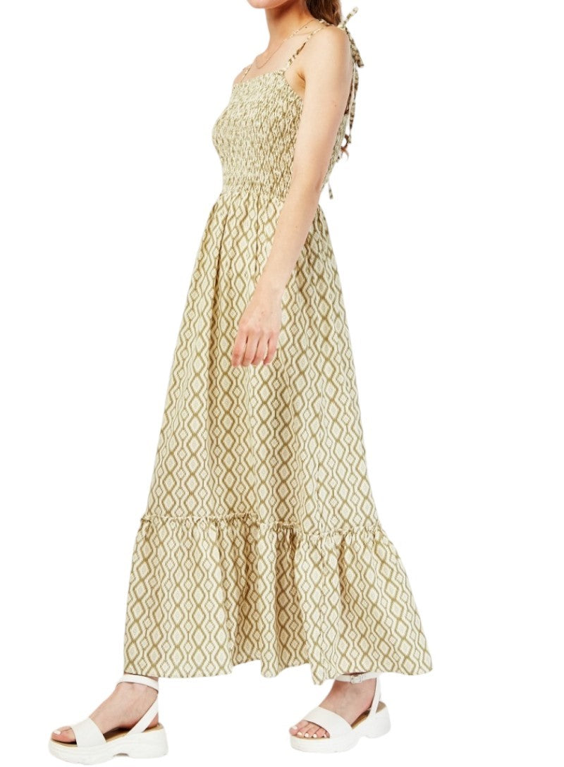 Multi Diamond Pattern Shirred Bodice Cotton Maxi Tie Strap Dress