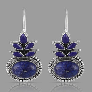 Ladies Sterling Silver Blue Ethnic Round Lapis Gemstone Vintage Dangle Earrings