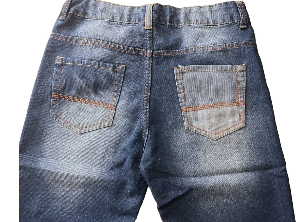 Boys Blue Contrast Threading Stone Washed Whisker 3/4 Denim Shorts