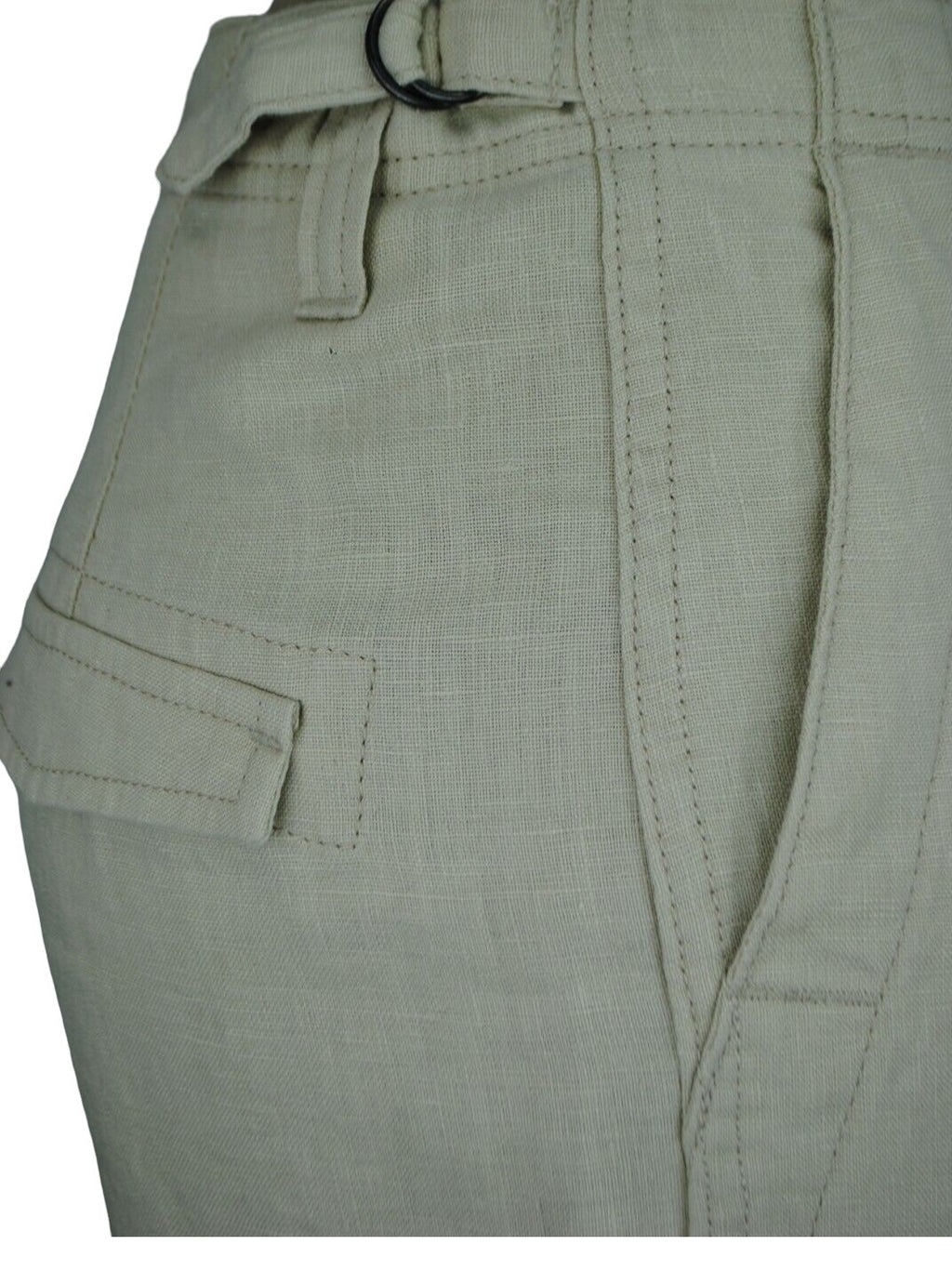 Ladies Beige Linen Cargo Carpri Crop Adjustable Waist Trousers