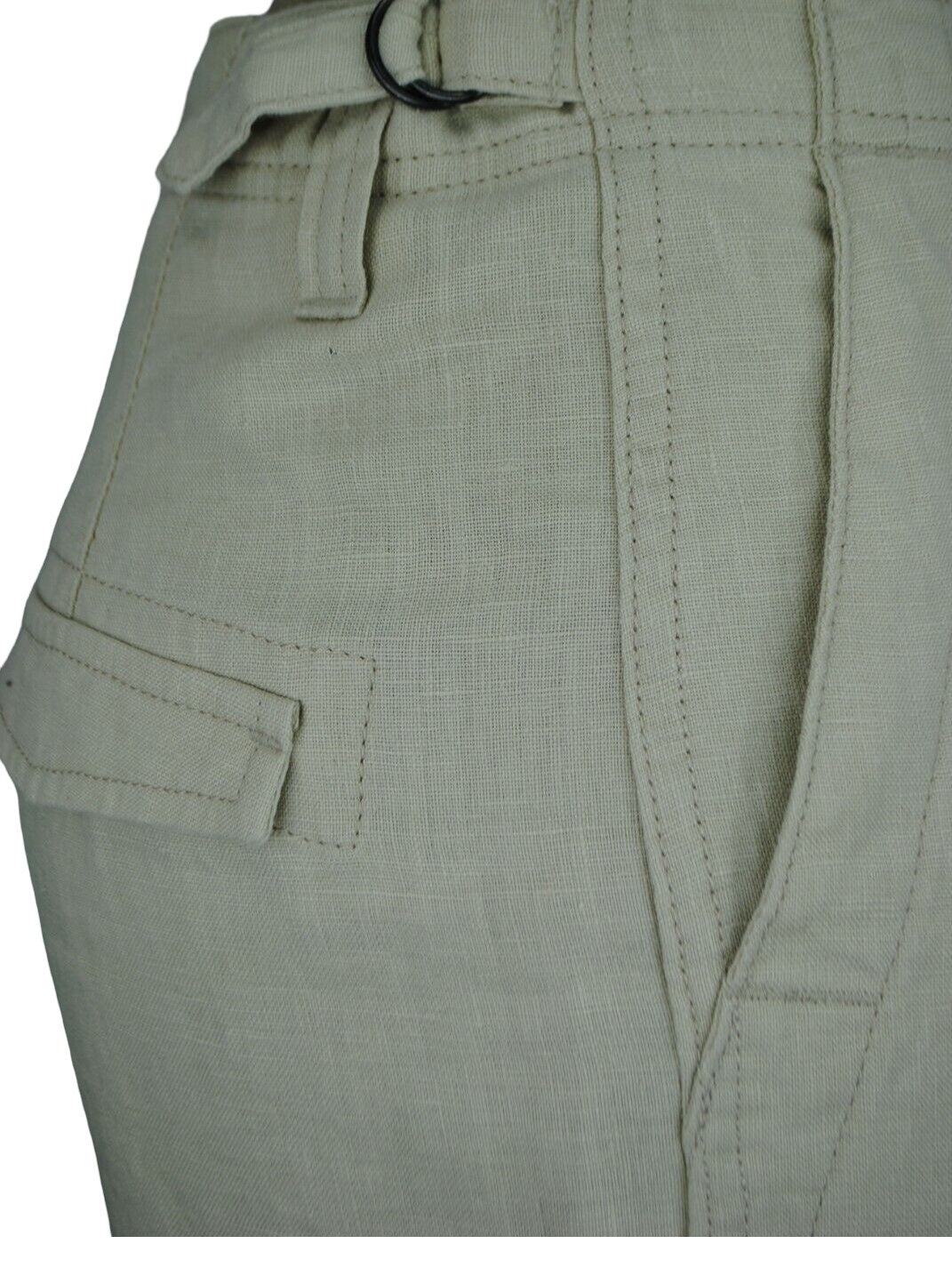 Ladies Beige Linen Cargo Carpri Crop Adjustable Waist Trousers