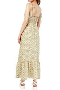 Multi Diamond Pattern Shirred Bodice Cotton Maxi Tie Strap Dress