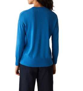 Ladies Blue Pure Cotton Wide Ribbed V-Neck Jumpers