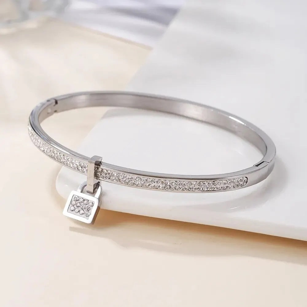 Ladies Luxury Crystal Lock Pendant Titanium Steel Bracelet Bangles