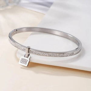 Ladies Luxury Crystal Lock Pendant Titanium Steel Bracelet Bangles