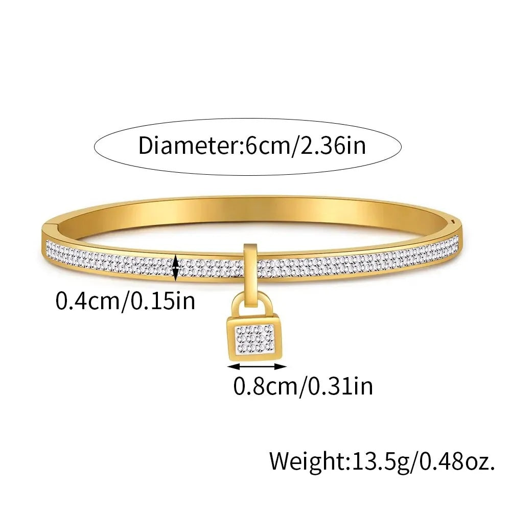Ladies Luxury Crystal Lock Pendant Titanium Steel Bracelet Bangles