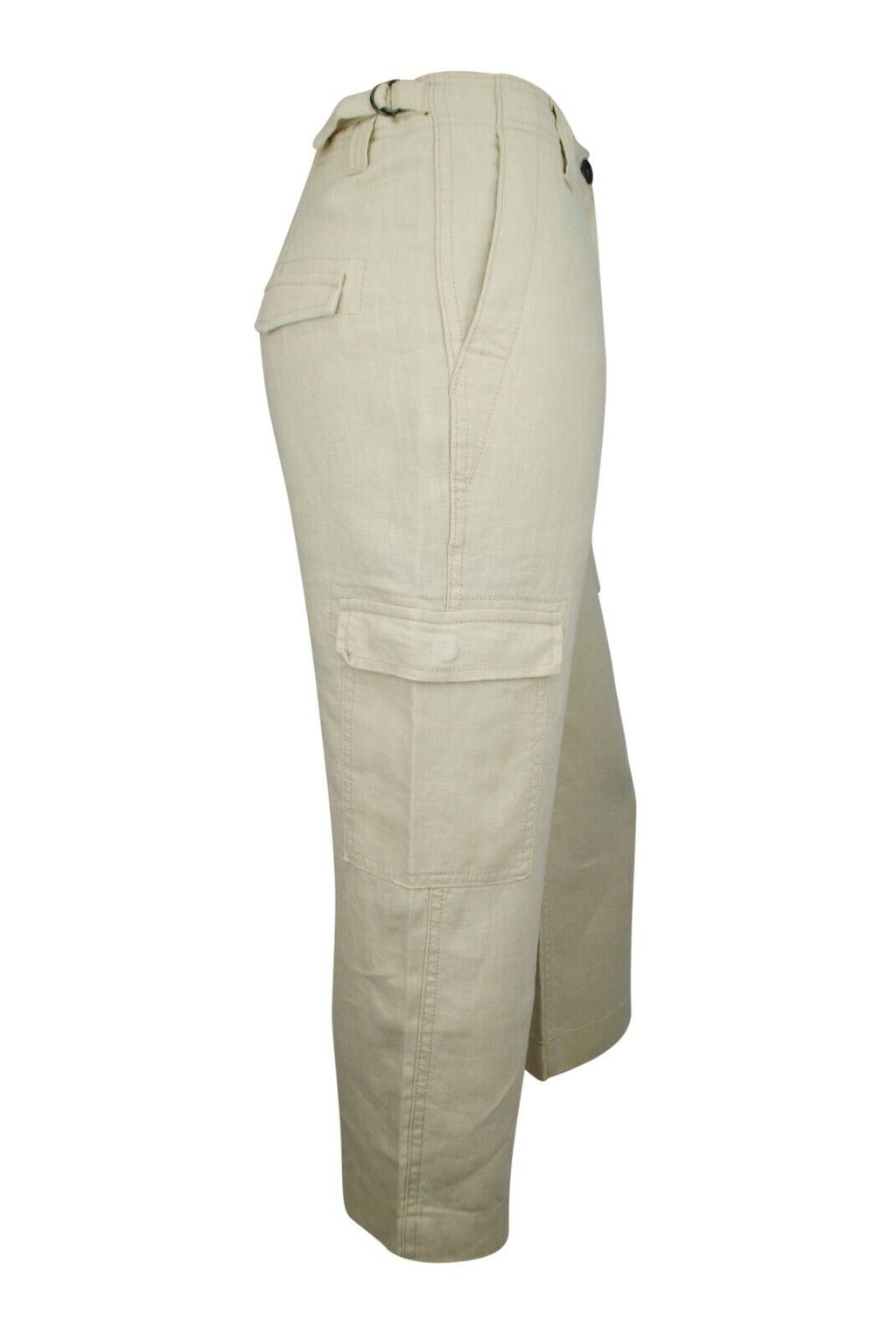 Ladies Beige Linen Cargo Carpri Crop Adjustable Waist Trousers
