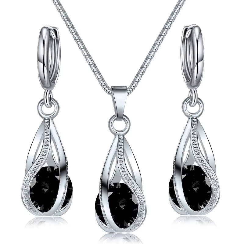Silver Twirl Ball Water Drop Crystal Earrings & Necklace Set