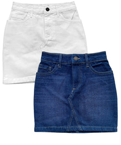Girls Mid Blue & White High Rise Cotton Denim Jeans Mini Skirts