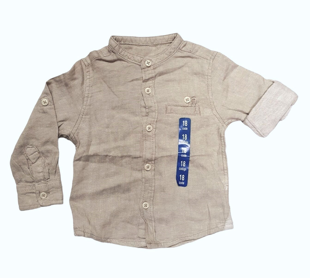 Boys Toddlers Beige Cotton Stand Collar Button Long Sleeve Shirts