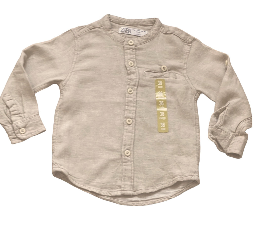 Boys Toddlers Beige Cotton Stand Collar Button Long Sleeve Shirts