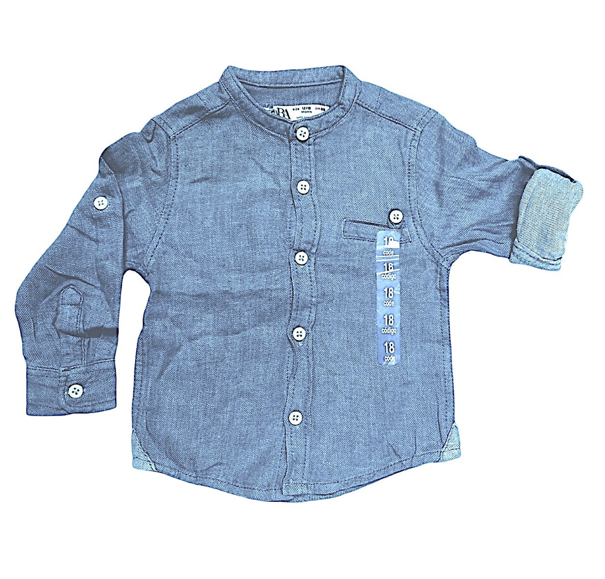 Boys Toddlers Blue Cotton Stand Collar Button Long Sleeve Shirts