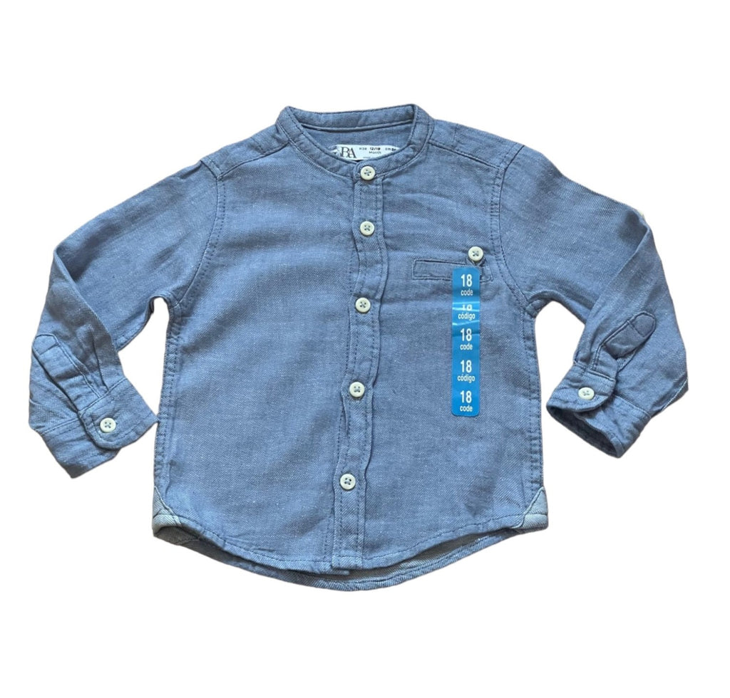 Boys Toddlers Blue Cotton Stand Collar Button Long Sleeve Shirts